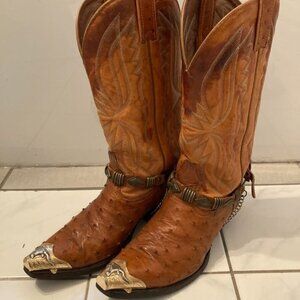 BOULET ostrich western cowboy rockabilly harness metal tips mens boots sz 8.5
